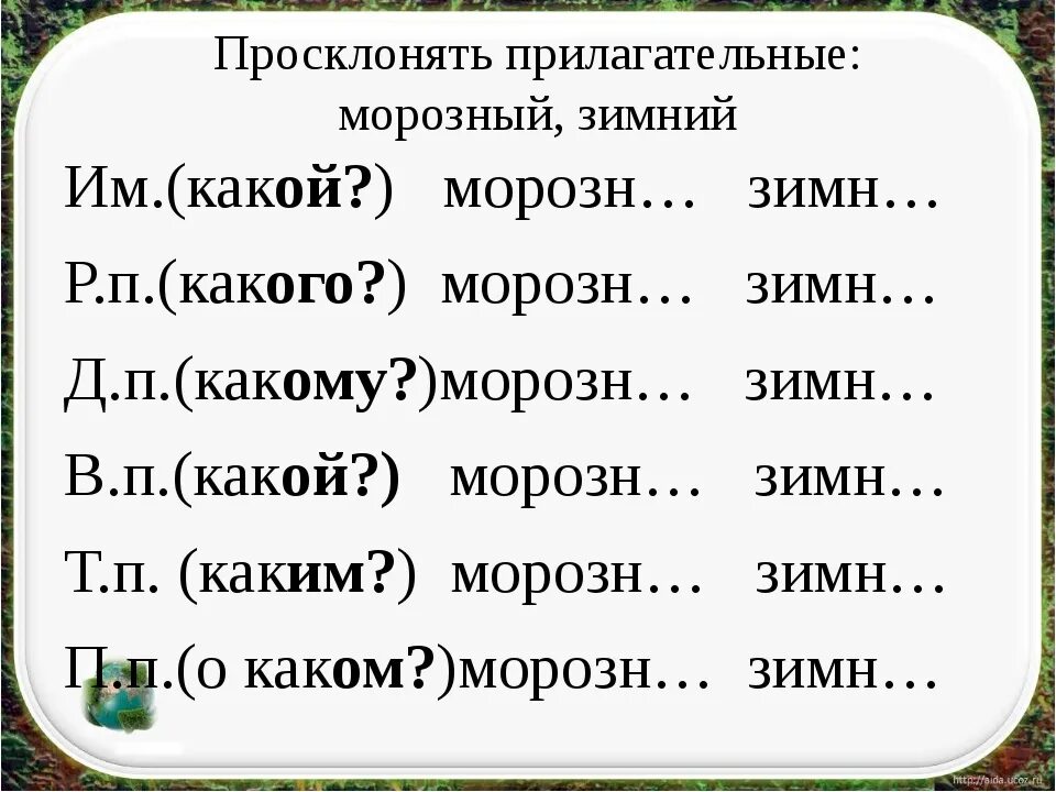 Изменение имен прилагательных по падежам задания