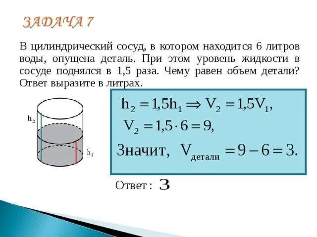 Формула объема воды 7 класс. Формула нахождения объема жидкости. Объем цилиндрического сосуда формула. Объем воды в сосуде.