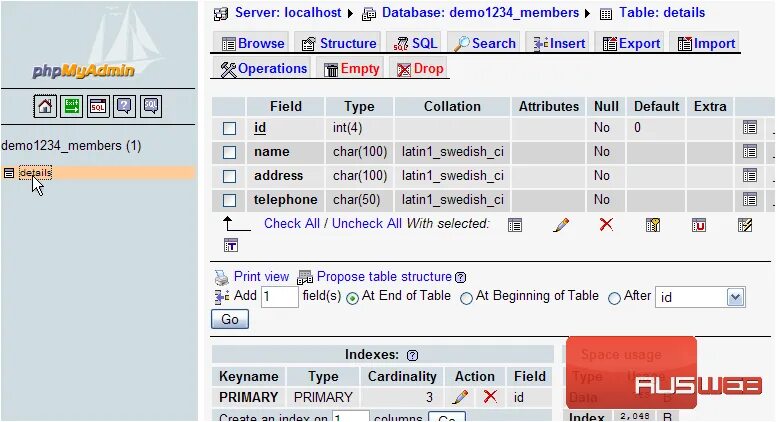 Drop database на номерах. Rename resource Table. With data Primary Index. Field php