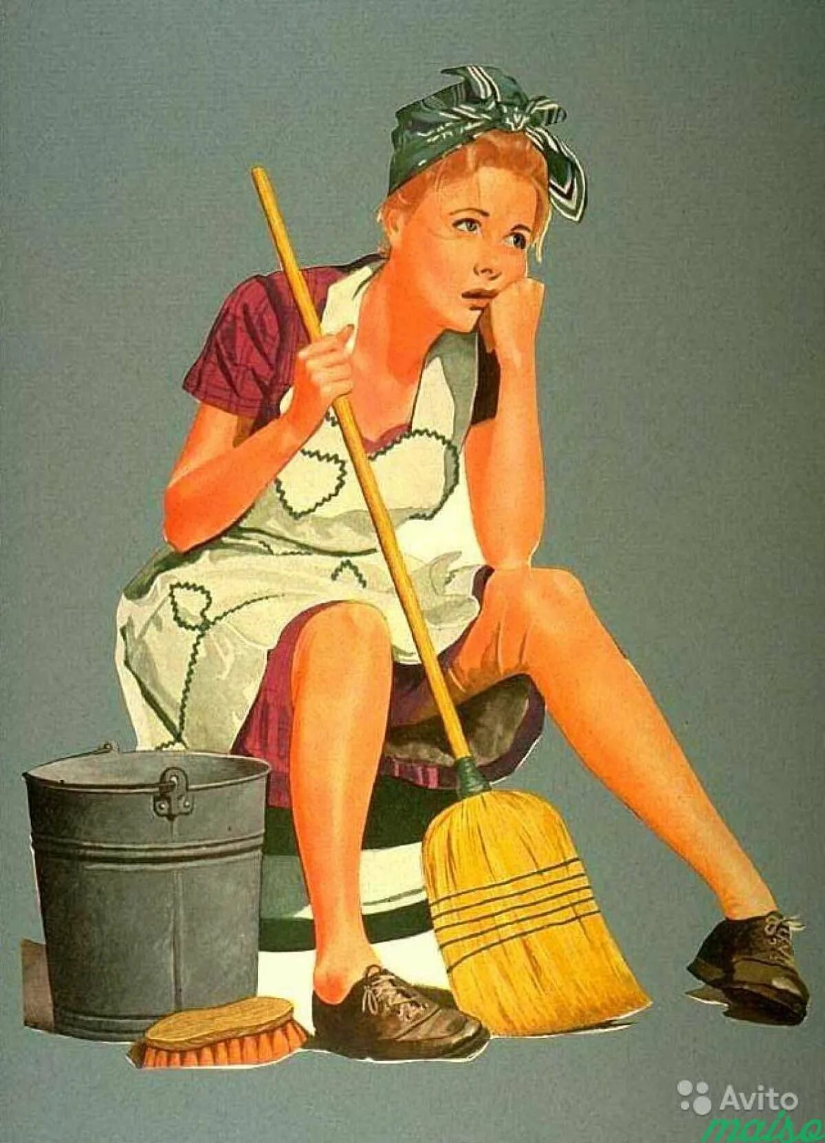 Norman Rockwell художник домохозяйка. Уборщица. Женщина со шваброй. Женщина убирает.