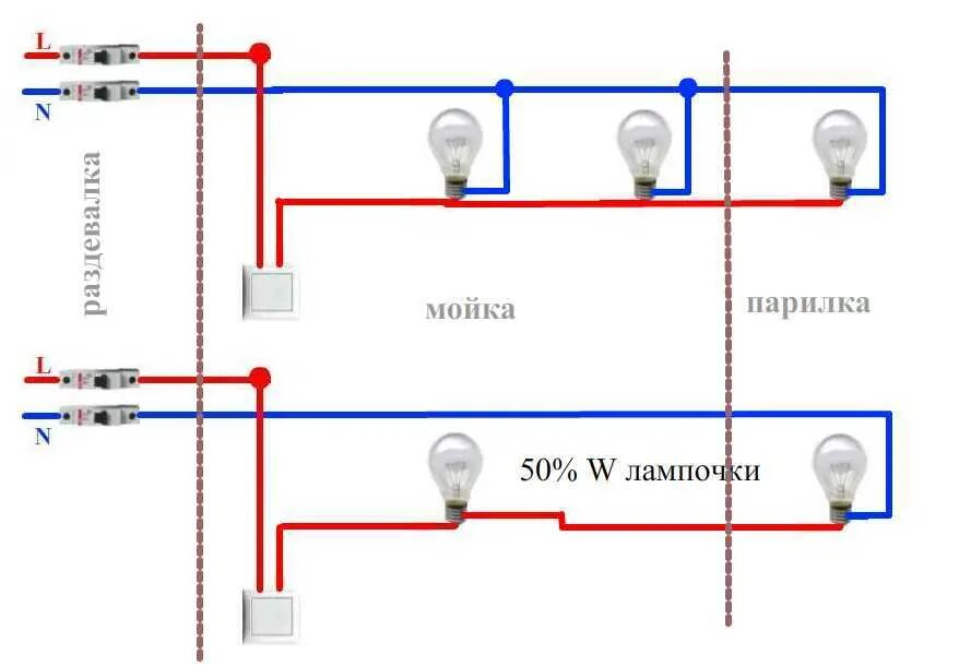 Проводка освещения. Схема подключения проводки освещения. Проводка в гараже схема подключения освещения. Схема подключения освещения в парилке. Схема электропроводки света в бане.