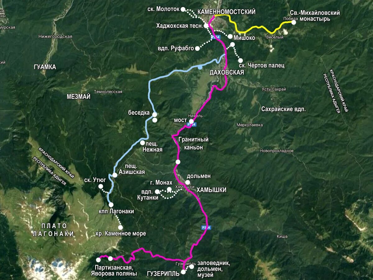 Краснодарский край как добраться из москвы. Достопримечательности Лаго-Наки Адыгея карта. Адыгея маршрут Лаго Наки. Карта плато Лагонаки с достопримечательностями. Лаго Наки Хаджохская теснина.