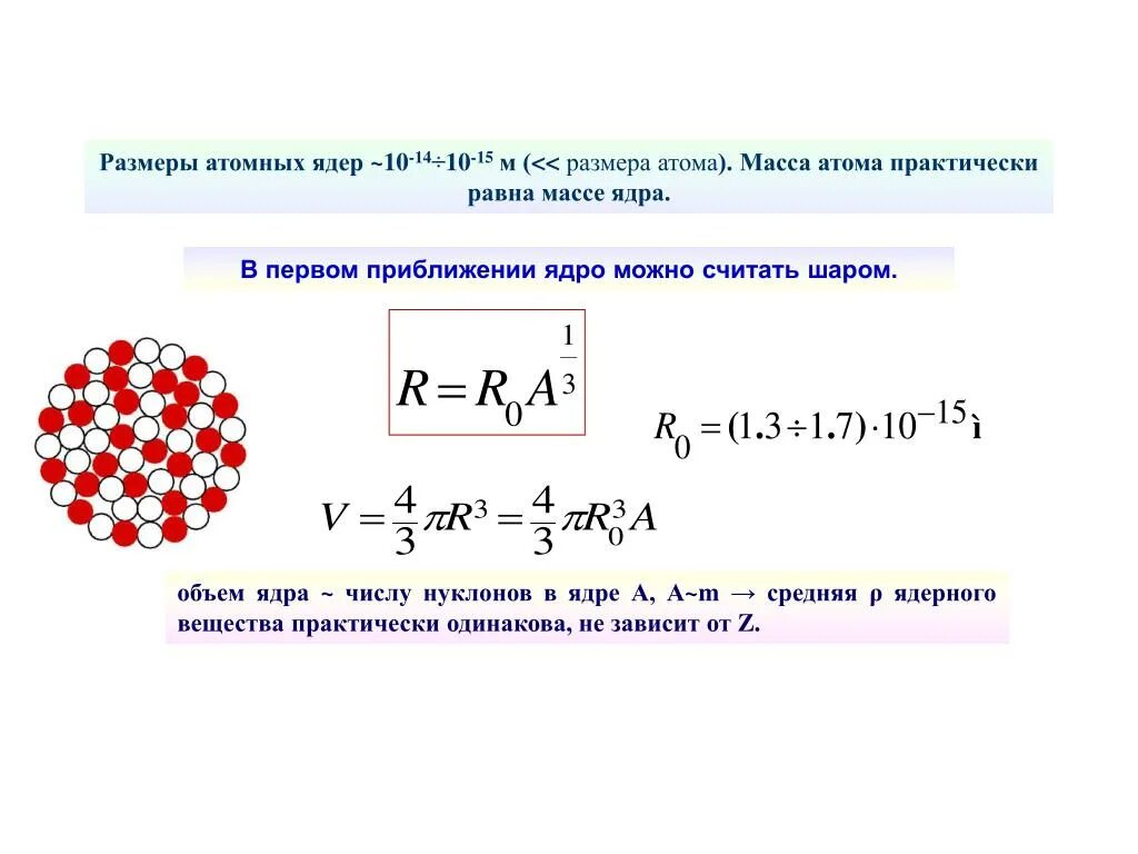 Количество ядер формула. Объем атомного ядра формула. Объем ядра атома формула. Радиус ядра формула. Диаметр атома формула.