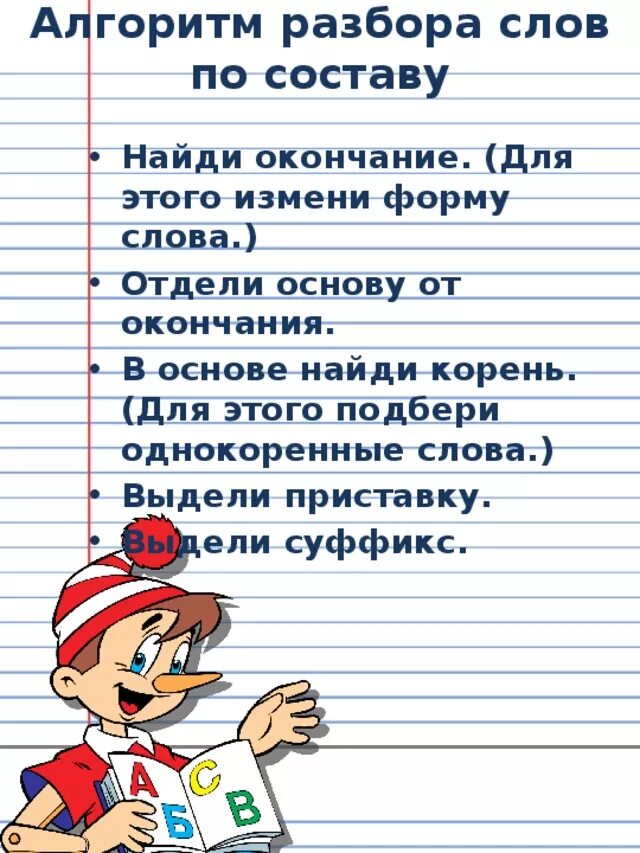 Алгоритм разбора слова. Алгоритм разбора слова по составу. Разбор слова поисоставу. Алгоритм разбора по составу 3 класс.