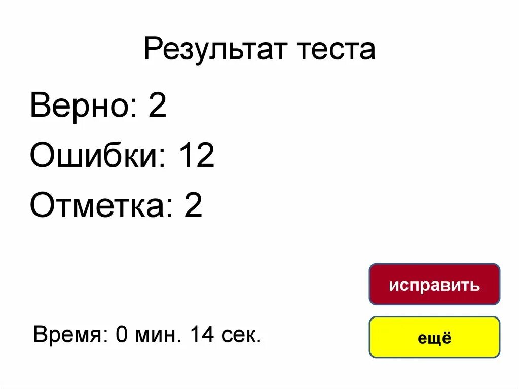 Результаты теста. Результат теста в отметке. Все ответы верны тест. Слайд Результаты ошибок.