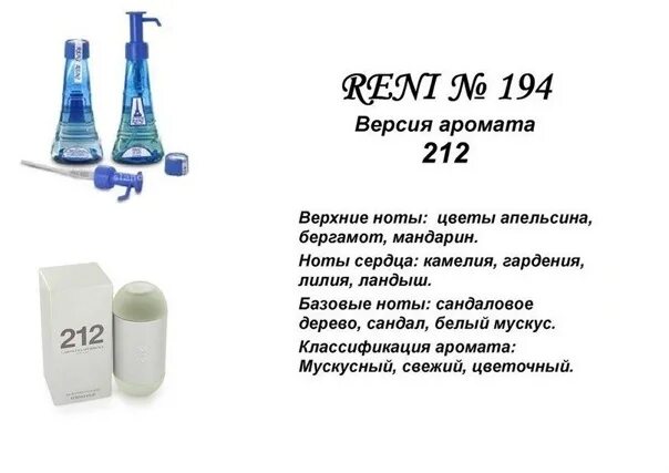 Аналог духов рени. Духи рени духи 194. рени 212 (carolina herrera) 100мл. духи рени 120.