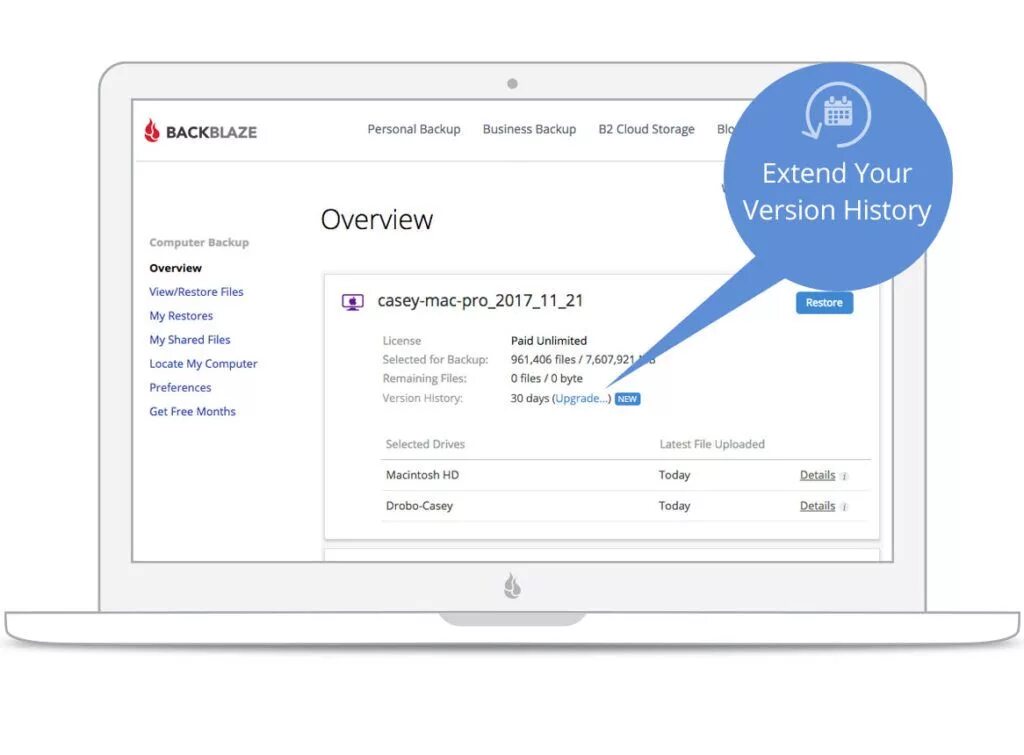 Back up computer. Version history. backblaze windows. extend version. your version.