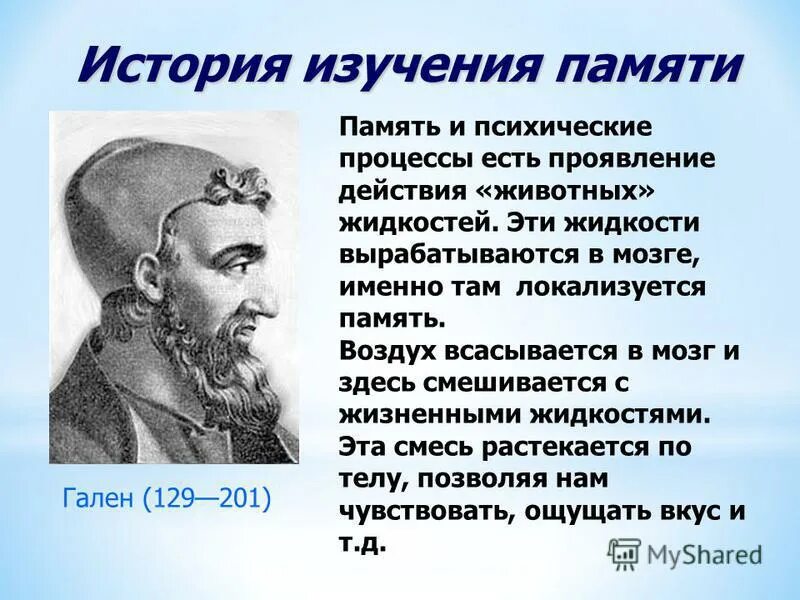 Изучение памяти. История исследования памяти. История исследования процессов памяти.. Ученые изучавшие память. Психофизиология Клавдия Галена.