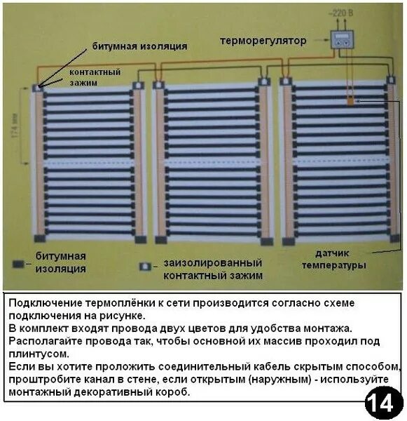 Можно соединять теплый пол. Схема подключения пленочного теплого пола. Схема подключения инфракрасного пола. Подключение пленочного теплого пола к терморегулятору. Схема параллельного подключения пленочного теплого пола.