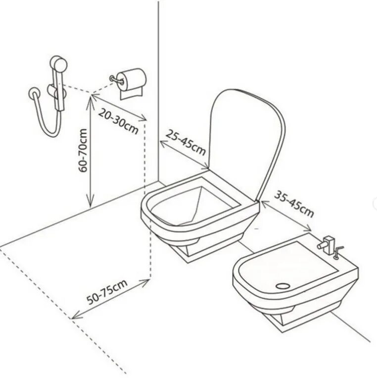 Сколько унитаз от стены. Высота монтажа гигиенического душа схема.
