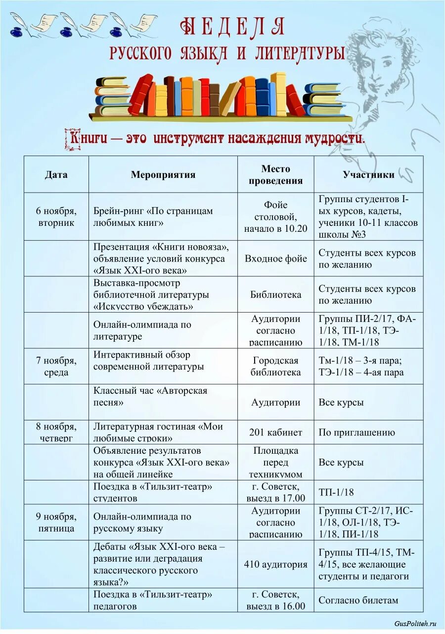 Мероприятия недели литературы в школе