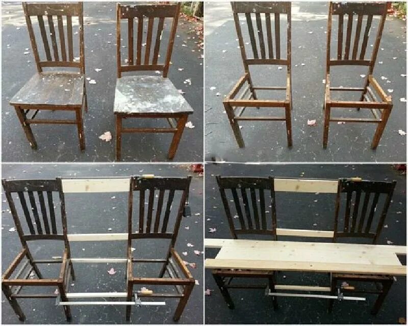 Как поставить 2 стула. Скамья из старых стульев. Скамейка из старых ст. Лавочка из старых стульев. Лавочка из старых металлических стульев.