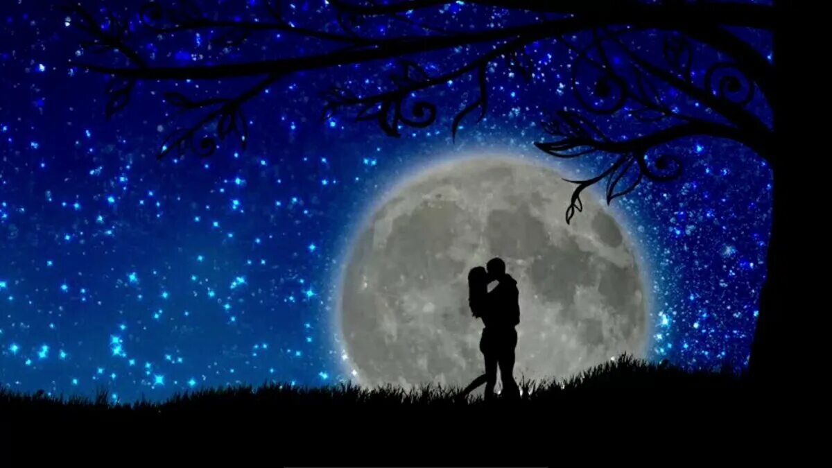 Пара на фоне Луны. Свидание под луной. Луна и влюбленные. Звездное небо и влюбленные.