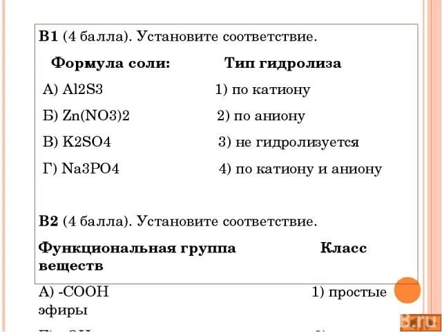 Установите соответствие типа соли гидролизу