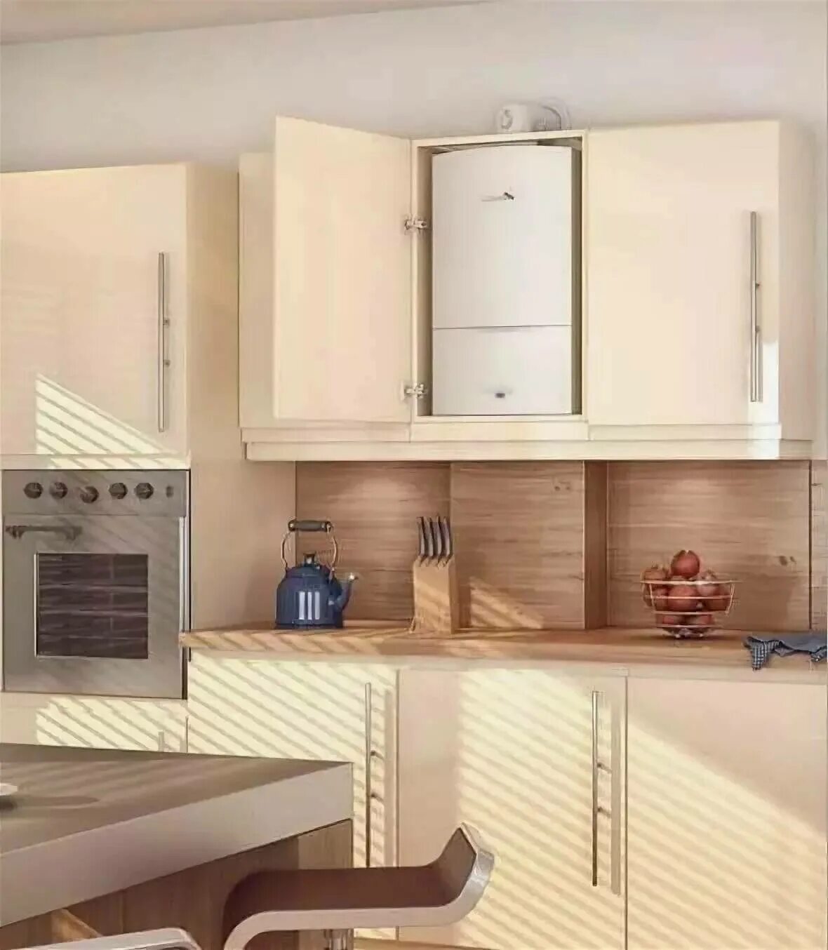 Настенный газовый котел на кухне. Навесной газовый котел на кухне. Угловая кухня с колонкой. Кухонные гарнитуры с газовым котлом. Спрятать газовый котел в кухонный гарнитур.