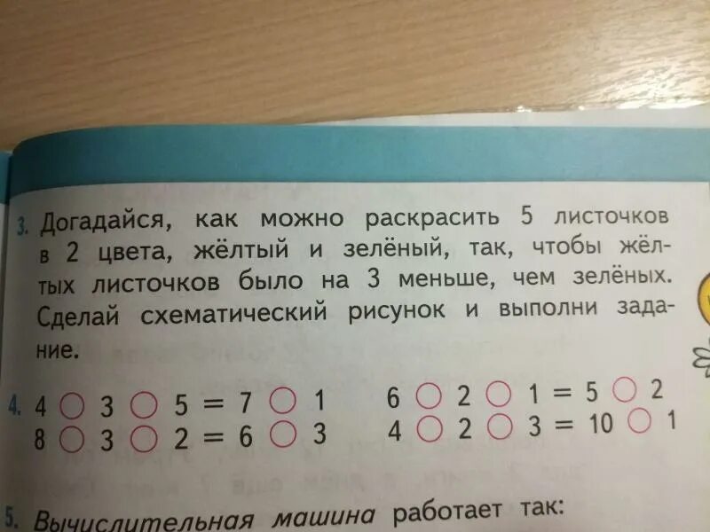 Сколько раз по 4 содержится в 12. Задача 5 листочков в 2 цвета желтый и зеленый. Догадайся как можно раскрасить 5 листочков.