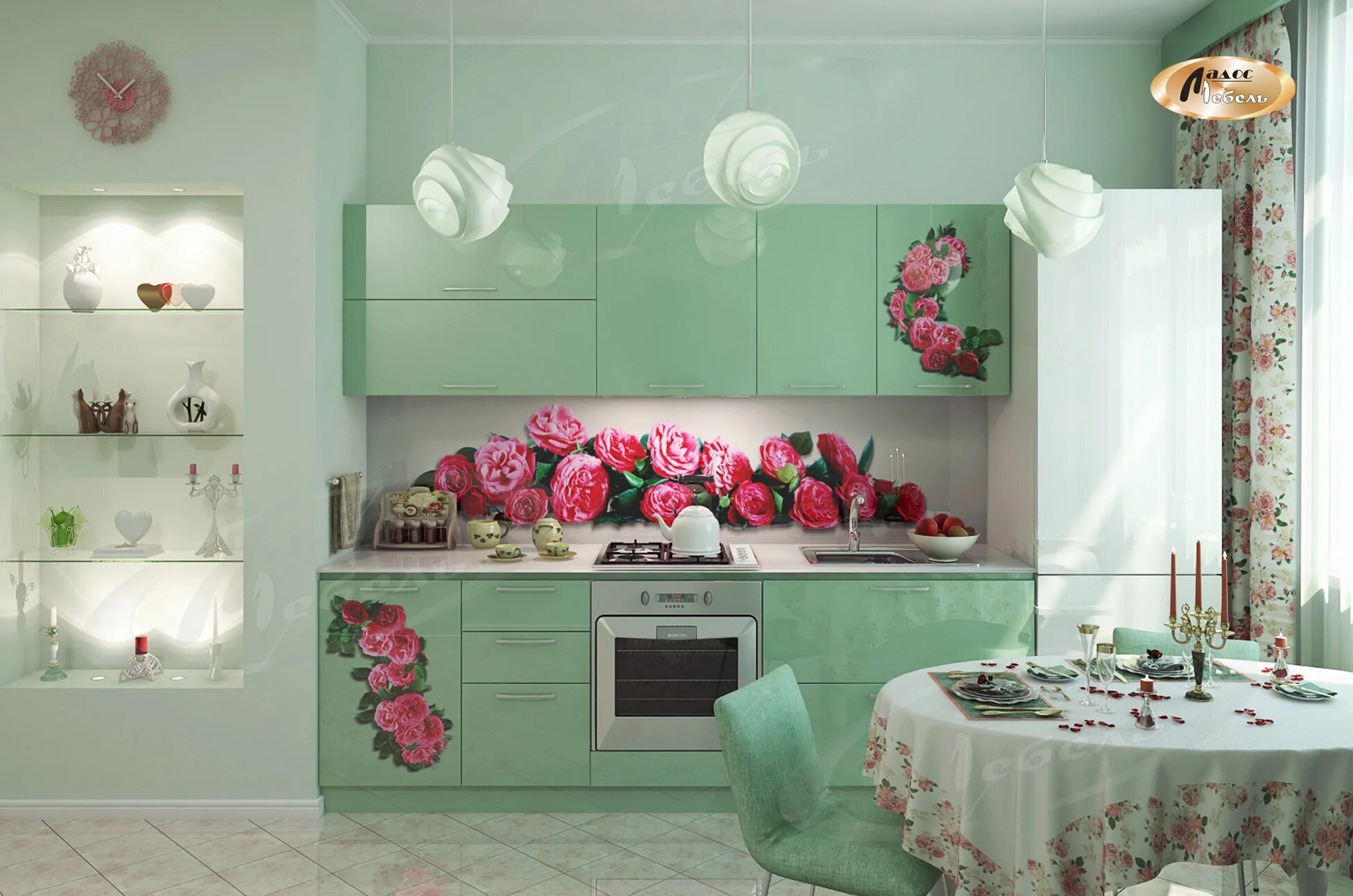 Кухня нежных цветов. Кухонный гарнитур с розами. Кухня в розово зеленых тонах. Кухонный гарнитур с розовыми цветочками. Кухня нежно салатового цвета.