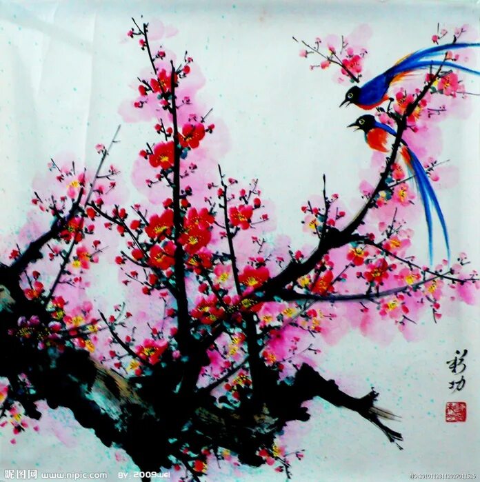 Изо сакура. Китайская живопись деревья. Сакура в картинах художников. Китайские картины горизонтальные.