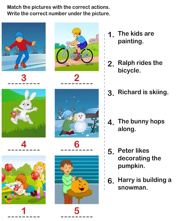 Match the pictures with the text. Задания Actions for Kids. Глаголы движения на английском Worksheet. Actions Worksheets. Action verbs exercises for Kids.
