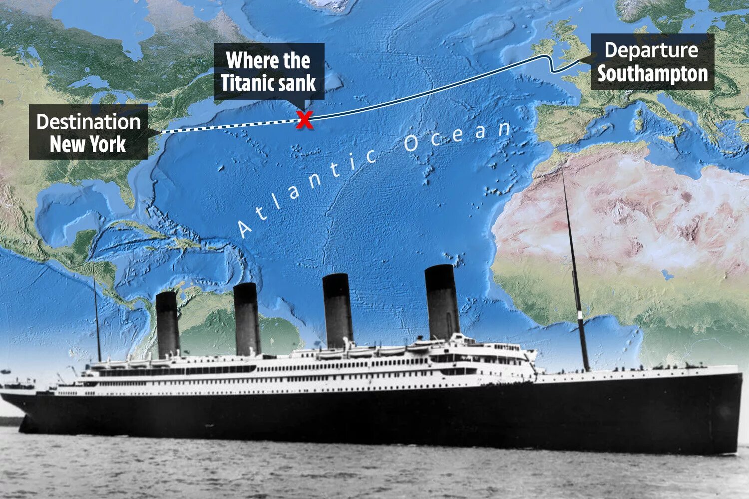 На какой где затонул титаник. Затонувший Титаник на карте. Титаник где затонул в океане карта. Маршрут Титаника 1912. Путь Титаника на карте.