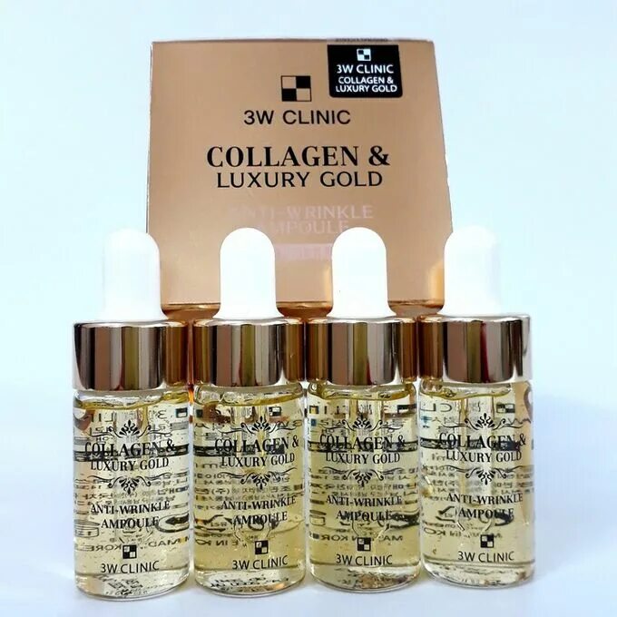 Collagen & Luxury Gold Anti Wrinkle Ampoule. 3w Clinic Collagen & Luxury Gold Anti Wrinkle Ampoule сыворотка с золотом и коллагеном. Сыворотка для зрелой кожи 3w Clinic Collagen & Luxury Gold Anti Wrinkle Ampoule, 100 мл.. Ампульная сыворотка с золотом 100 мл 3w Clinic Collagen & Luxury Gold Anti-Wrinkle Ampoule.