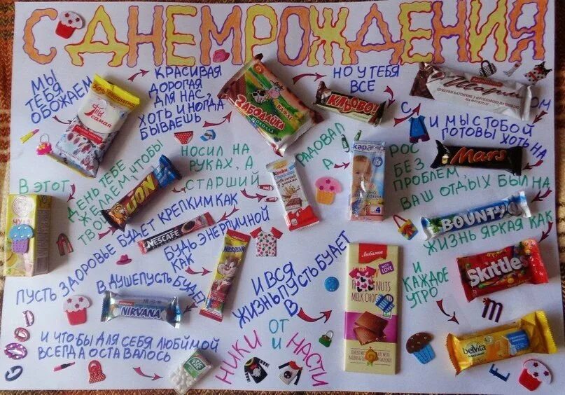 Поздравление сына шоколадками. Плакат со сладостями. Плакат. Сладкая открытка. Плакат с подарками на день рождения.