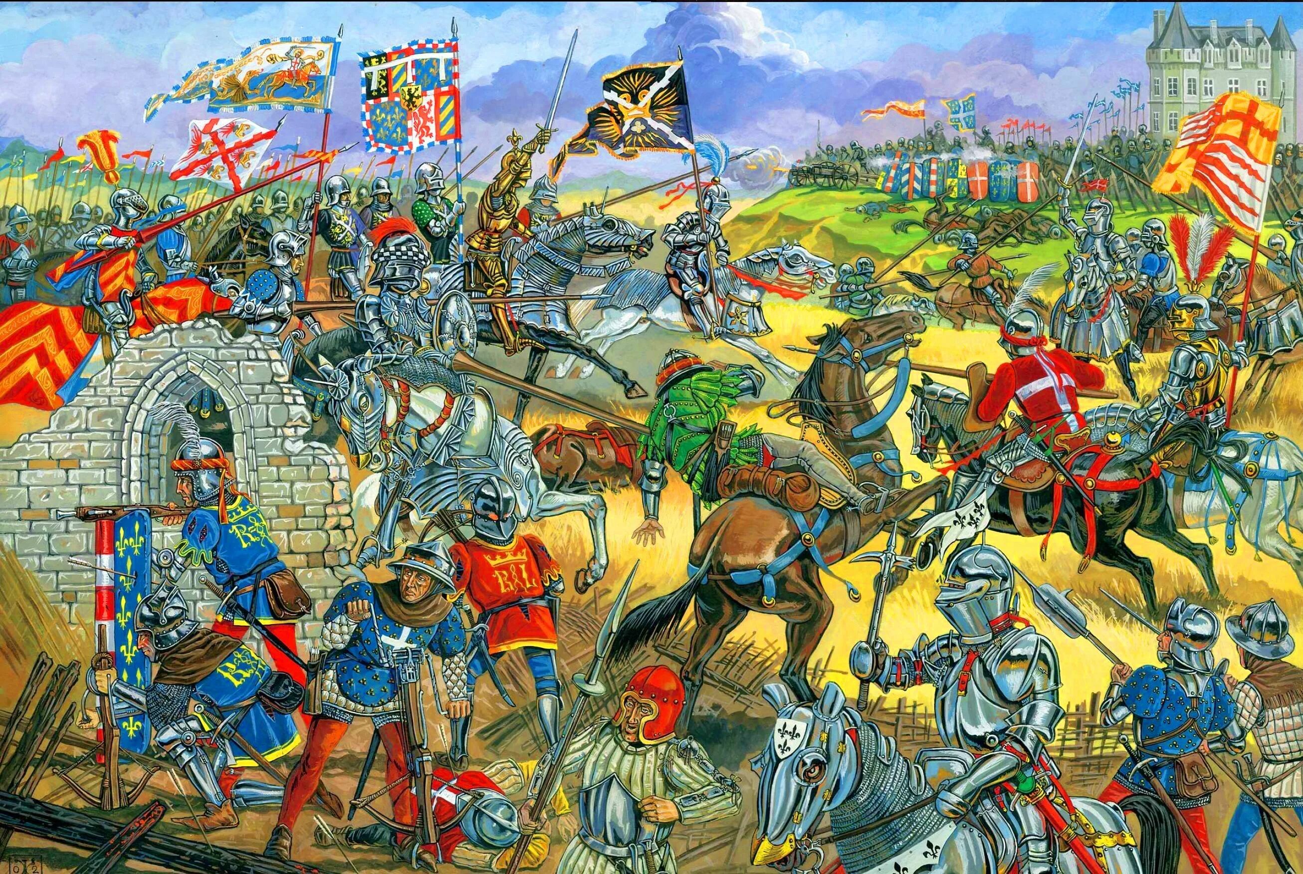 Собирательное название европейских воинов. Битва при Монлери 1465. Бургундские войны Дзысь. Батальные картины средневековых сражений. Битва при Монлери 1465 год.
