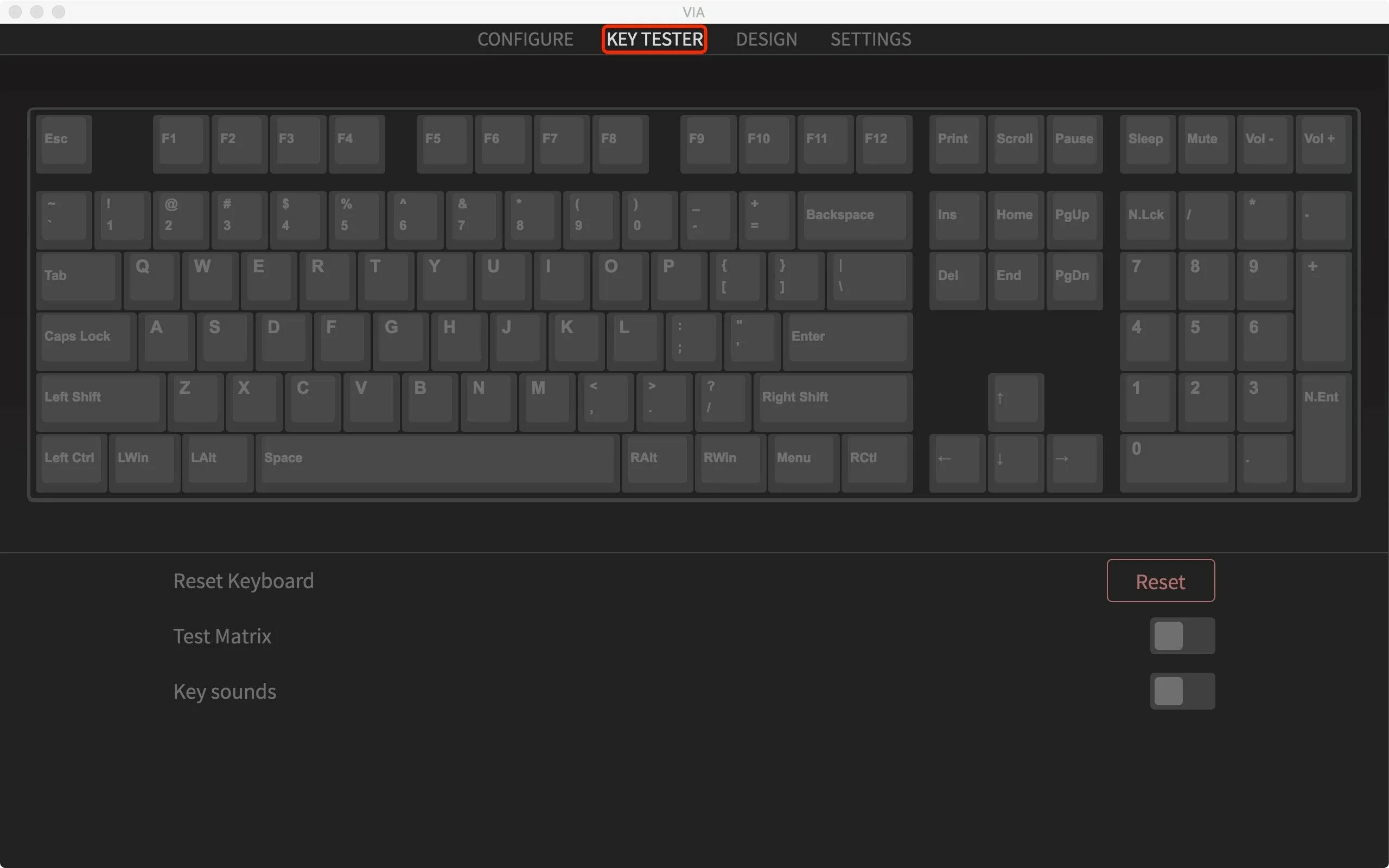 QMK/via. Key Test клавиатуры. Tap на клавиатуре. Click на клавиатуре.