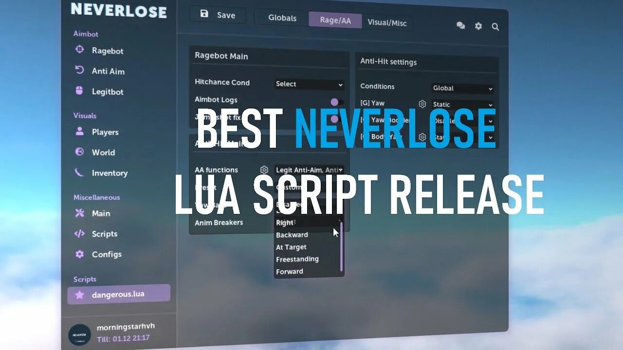 Wraith lua. Редактор lua. luasense превью. neverlose меню.