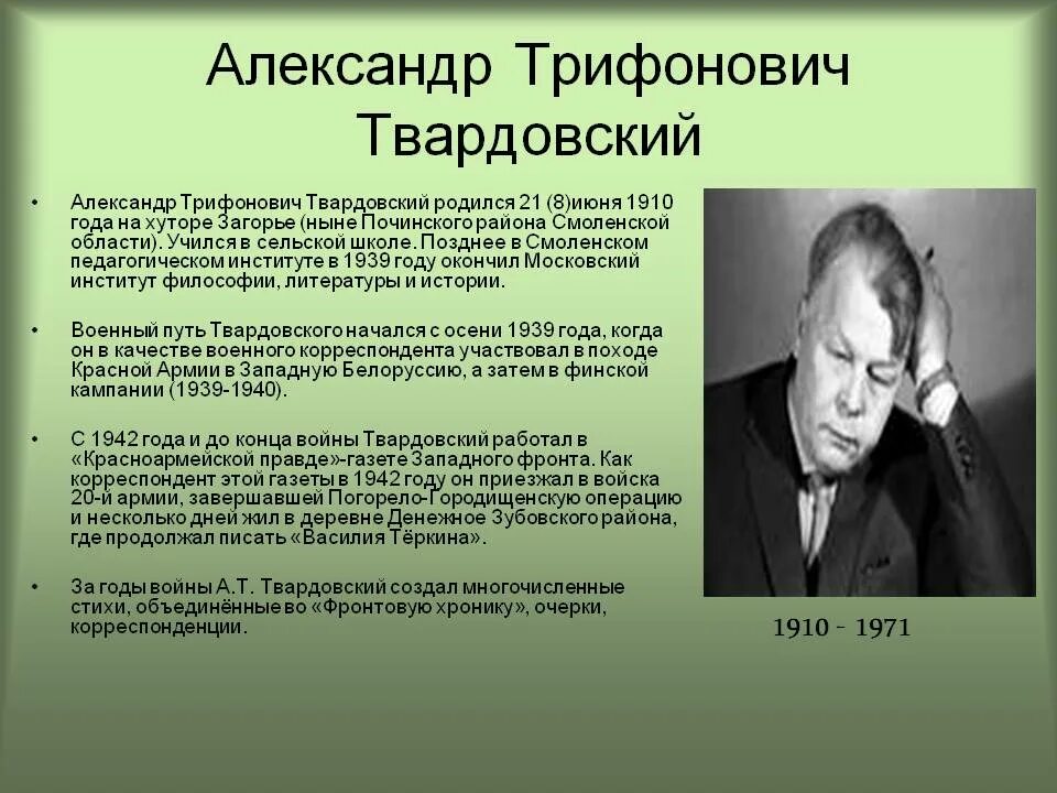 Биография твардовского 8 класс литература кратко