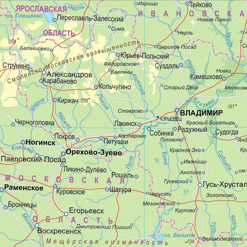 Александров на карте владимирской. Карта Владимирской области. Владимирская область на карте России. Географическая карта Владимирской области.