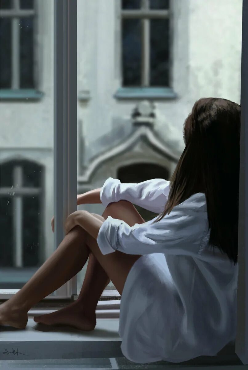 Фотосессия у окна. Отражение девушки в окне. За окном девочка в белом. Она девушка. Сидит у окна.