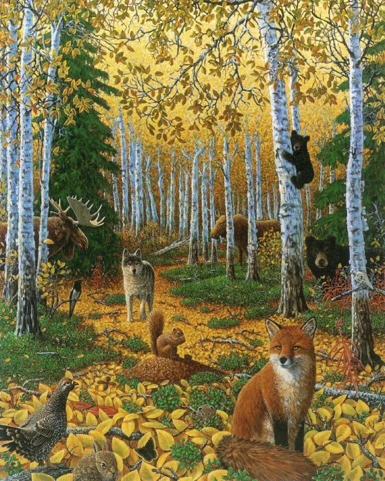 Художник Charles Bragg. Осенний лес для детей. Лес с животными. Картина осень.