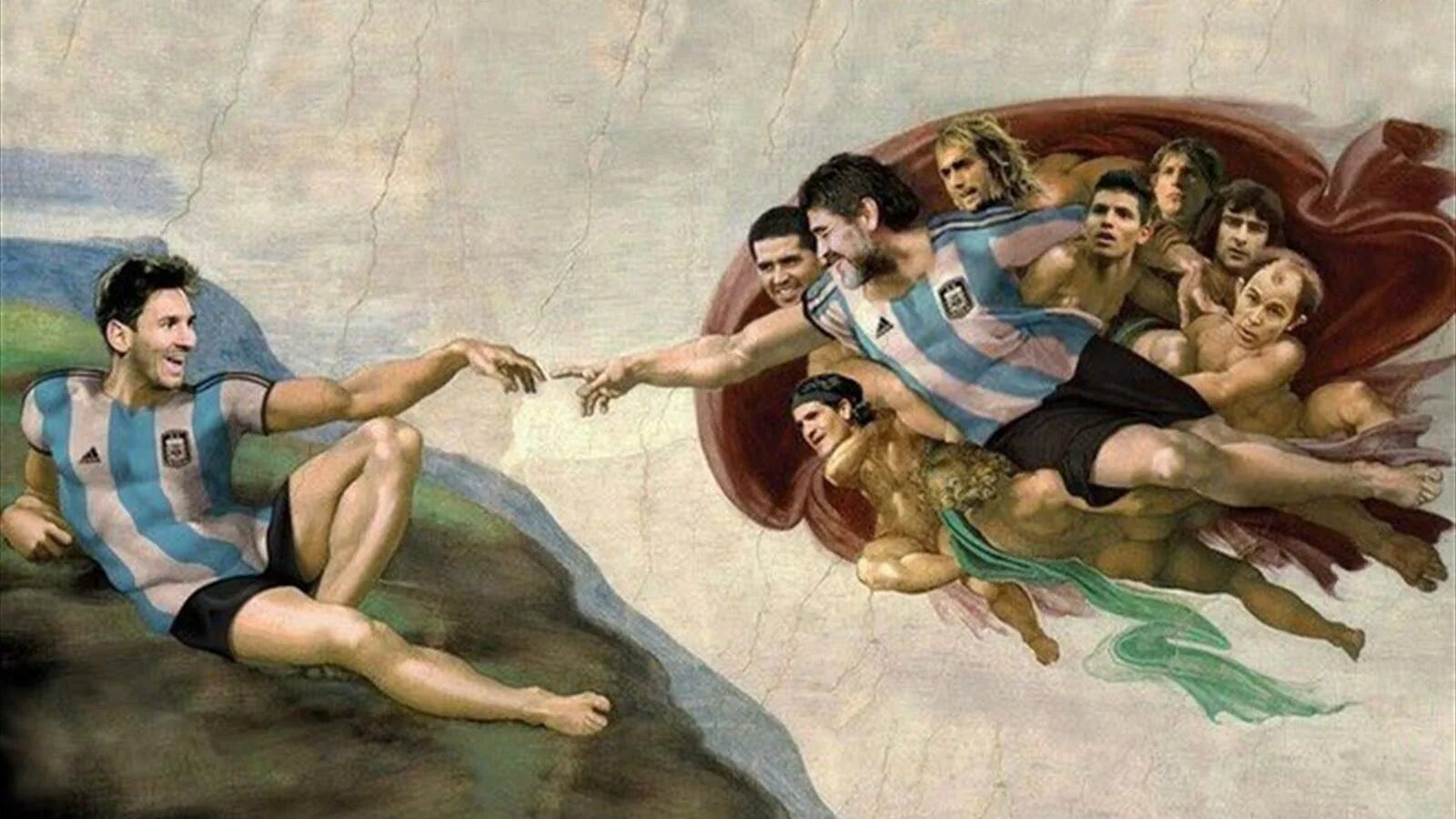 De la arte. Фреска Микеланджело Сотворение Адама. Messi Maradona. Церковь Диего Марадоны. Марадона картина.