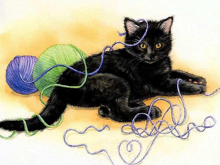 Кошка с клубком. Котенок с клубочком. Кошка с клубком ниток. Кот и клубок ниток. Черная кошка играть