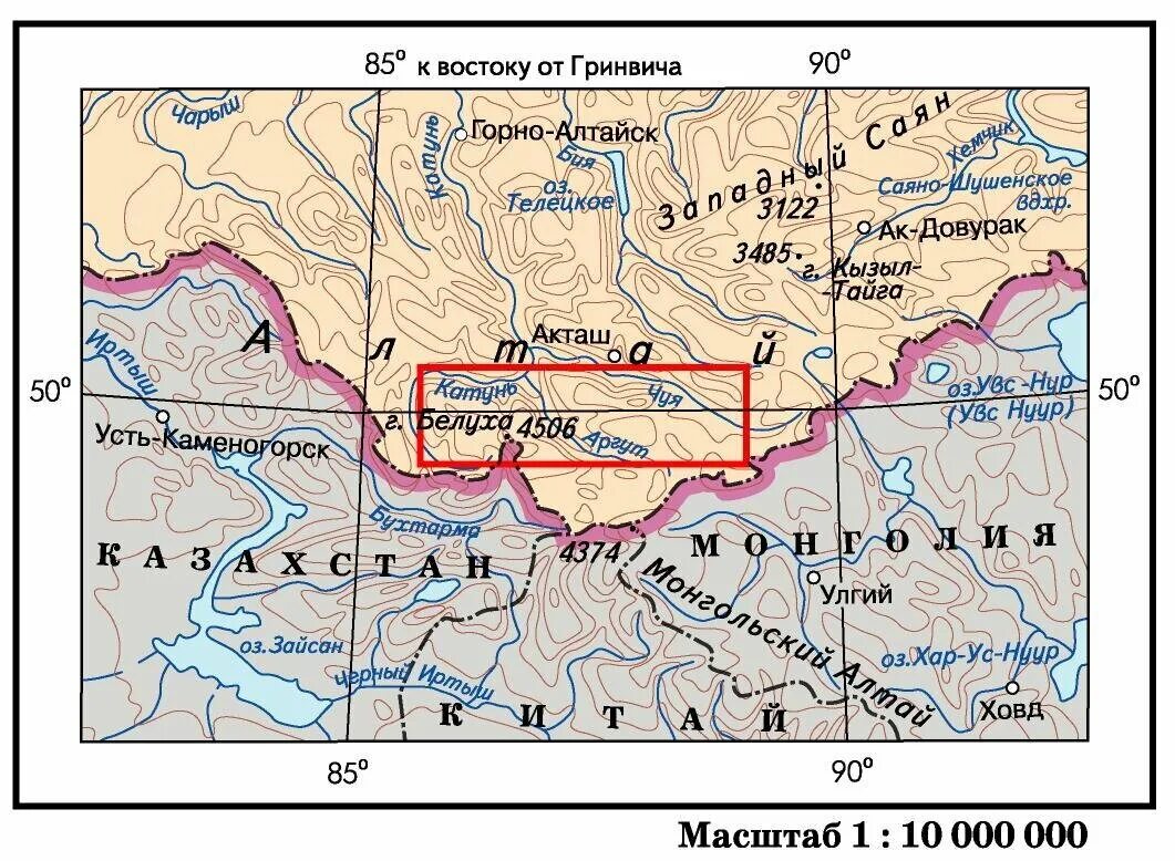 В какой стране находятся горы алтай. Алтайские горы на карте гора Белуха. Алтайские горы физическая карта. Хребет Листвяга. Горная система Алтай на карте.