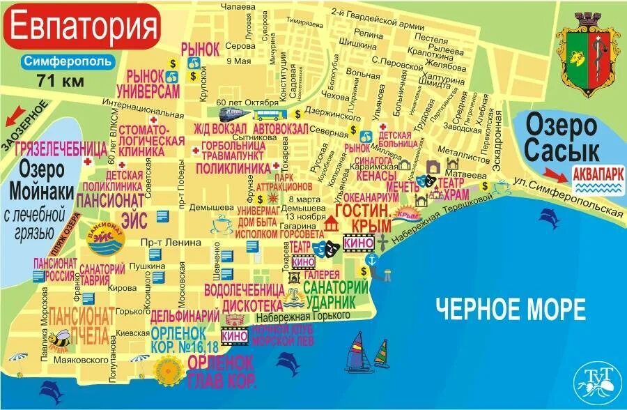 Какой детский центр находится в крыму. Карта Евпатории с улицами. Евпатория на карте Крыма с городами. Карта Евпатории с улицами и пляжами. Карта Евпатории с улицами и достопримечательностями.