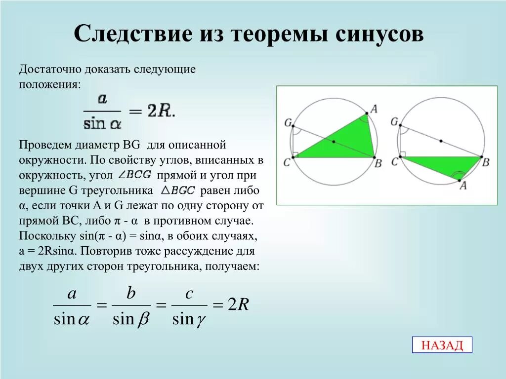 Следствие из теоремы синусов доказательство. Вывод из теоремы синусов. Доказательство теоремы синусов 2r. Радиус описанной окружности из теоремы синусов.