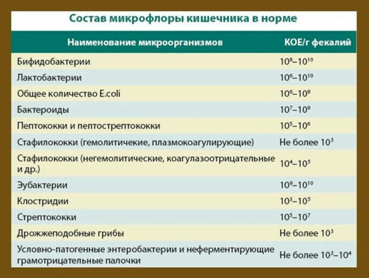 Бифидобактерии содержит. Показатели нормальной микрофлоры кишечника таблица. Нормальные показатели микрофлоры кишечника. Показатели дисбактериоза кишечника. Нормальная микрофлора кишечника.