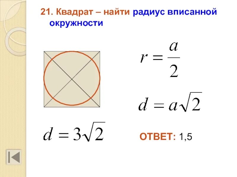 Радиус через. Радиус вписанной окружности в квадрат. Формула радиуса описанной окружности квадрата. Радиус вписанной окружности в квадрат формула. Квадрат вписанный в окружность формулы.