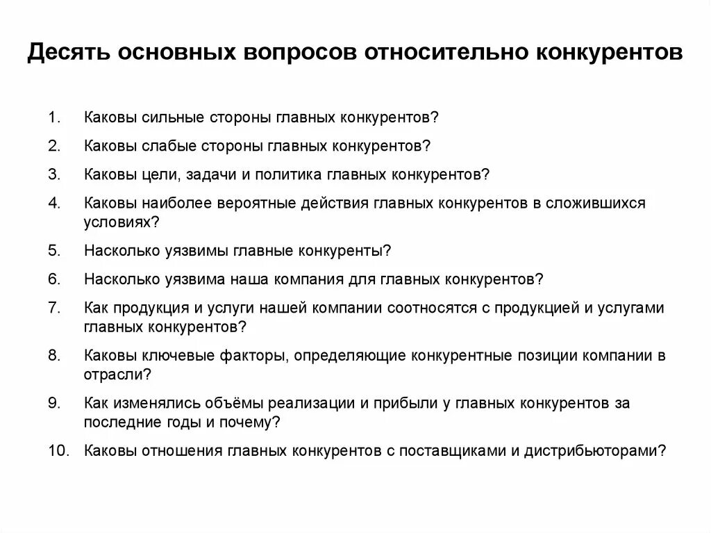 Относительно вопроса организации. Конкуренты основные задачи. Вопросы относительно политики компании. 10 Первичных. 10 Ключевых вопросов ропу.