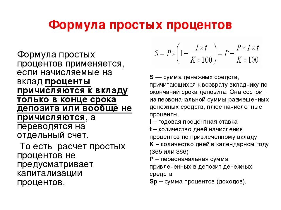 Сложные проценты вложить. Формула по начислению процентов по вкладу. Формула расчета простых и сложных процентов. Формула расчета суммы вклада. Формула простого банковского процента.