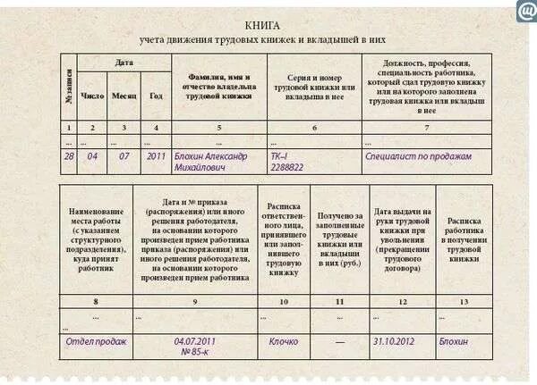 Запись в журнале движения трудовых. Журнал учета трудовых книжек.