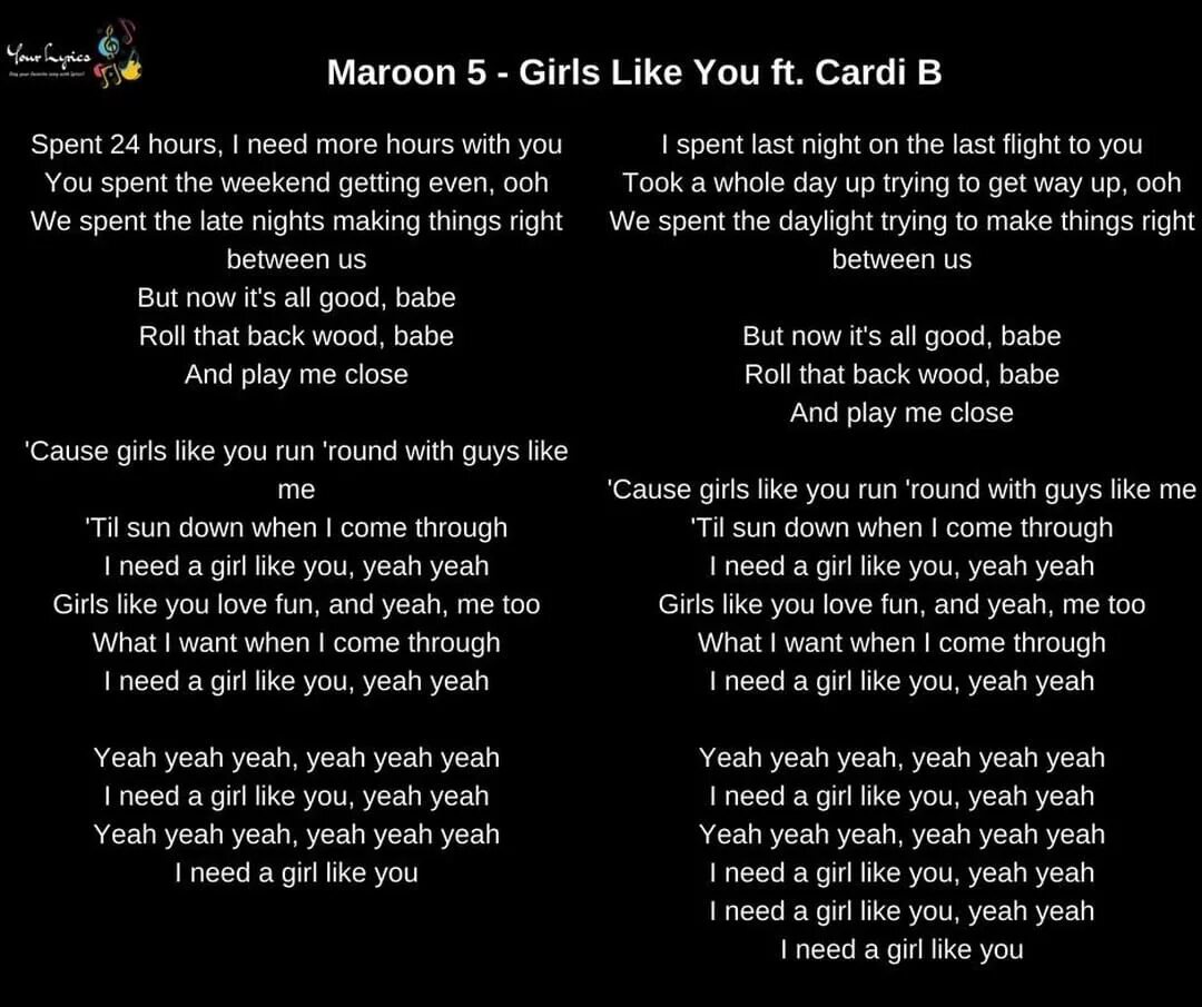 Текст песни girls like you. Текст песни my girl.