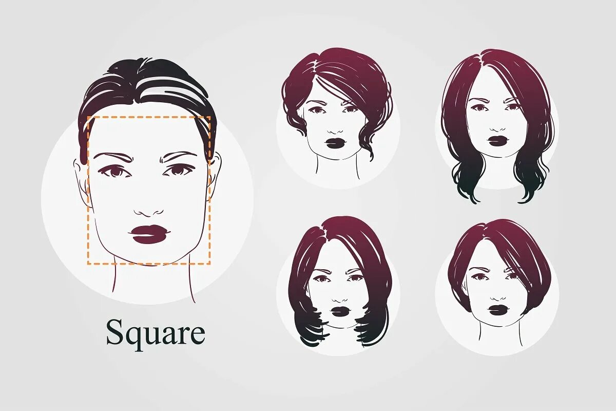 Прически по типу лица прямоугольник. Квадратная форма лица у женщин прически. Прическа для прямоугольного лица рисунок. Тип лица квадрат прически.