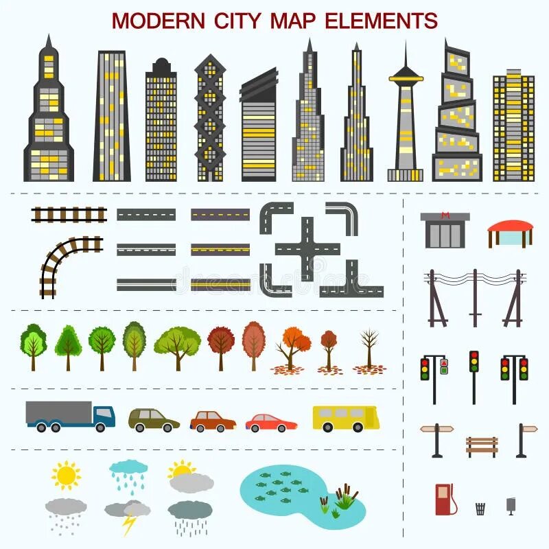 Map elements. Modern city map. flat map elements. map elementary.