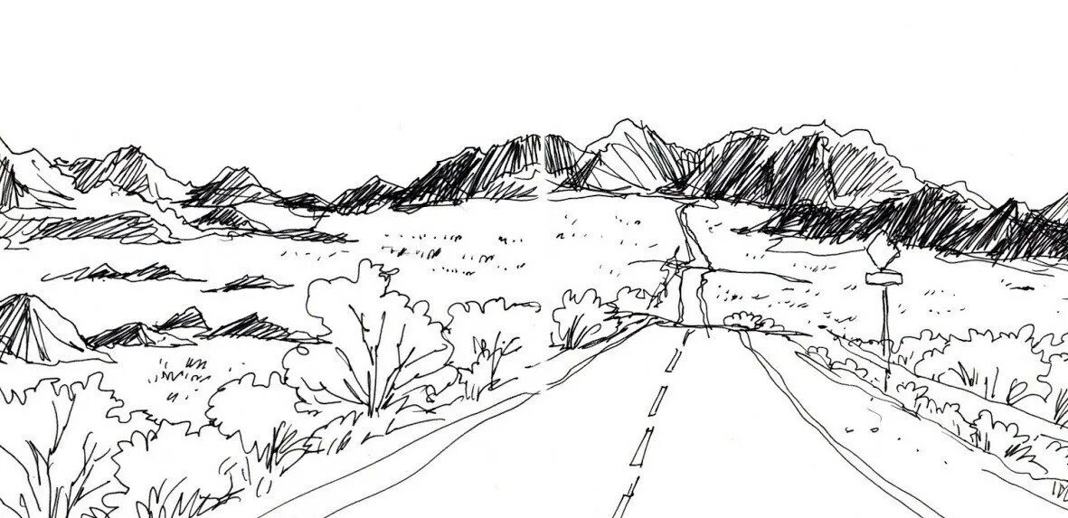 Графический рисунок пейзаж. Дорога рисунок карандашом. Раскраска пейзаж горы. Горный пейзаж раскраска.