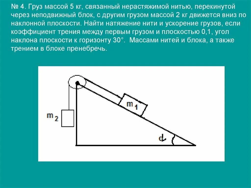 Движение связанных тел по наклонной плоскости. Вес груза на наклонной плоскости. Два тела связаны нитью перекинутой через блок. Два тела связаны нитью перекинутой через неподвижный блок.