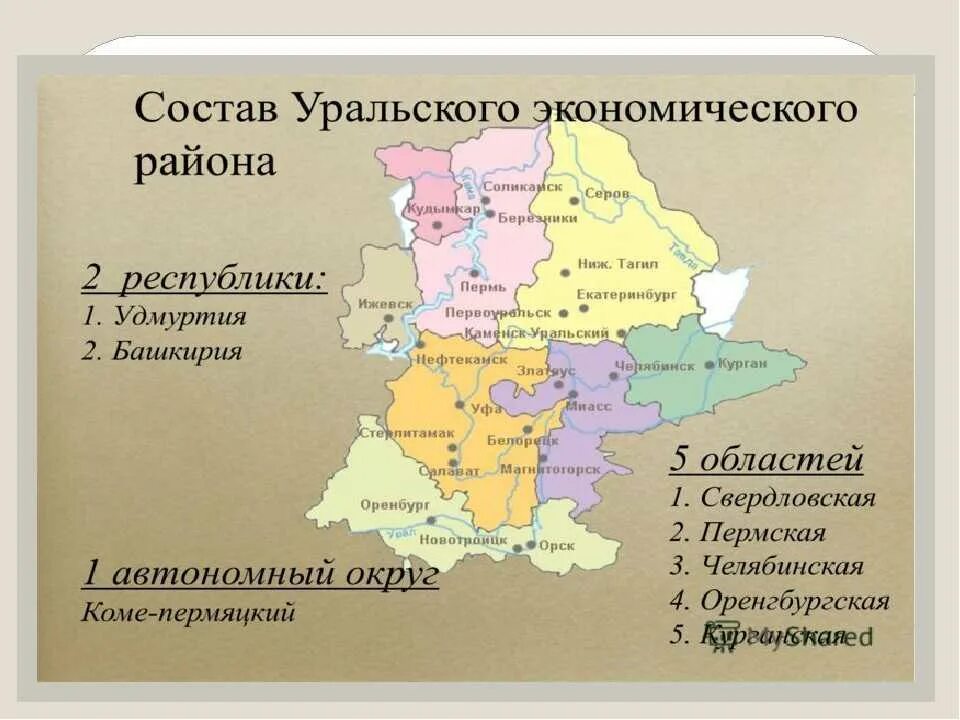 Города урала тест. Урал состав района карта. Карта Уральского экономического района с городами. Границы Уральского экономического района. Урал состав Уральского экономического района.