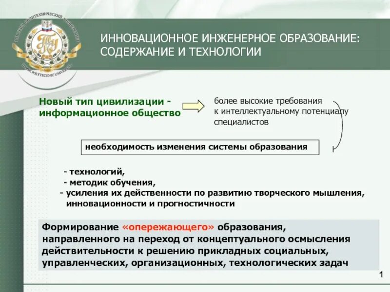 Интеллектуальный потенциал общества в образовании. Инженерное образование. Инновации в высшем образовании. Технология и содержание образования. Инженерное образование в России.